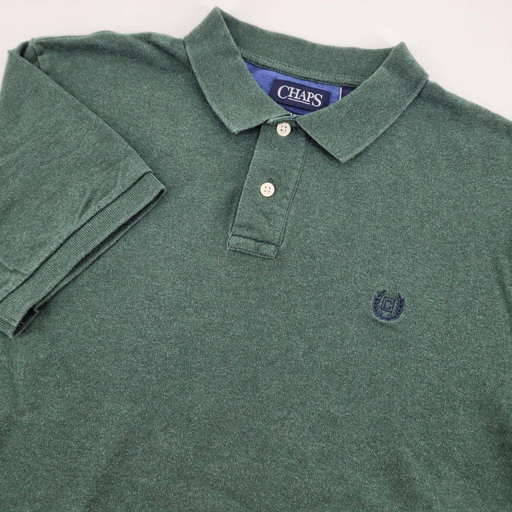 Chaps Mens L Stretch Polo Shirt Green Short Sleeve Crest Logo Cotton Blend